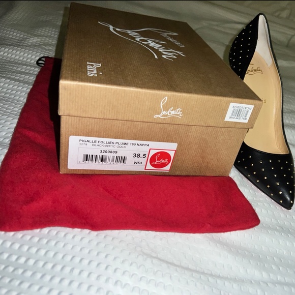 CHRISTIAN LOUBOUTIN PIGALLE FOLLIES PLUME 100 NAPPA BLACK/ANTIC GOLD - 7.5 - Picture 6 of 6